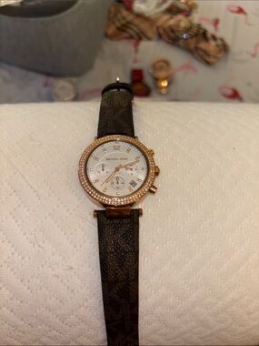 Michael Kors Rose Gold Crystal Bezel Watch with Brown Logo Strap